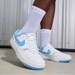 Nike White and Blue Low-Top Sneakers with Leather Upper